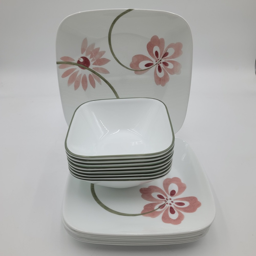 15pc Corelle Vitrelle Square Dinnerware Set Pretty Pink Flower Made in USA